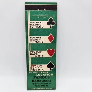 Vintage Matchbook Famous Restaurant York, Pennsylvania Collectible